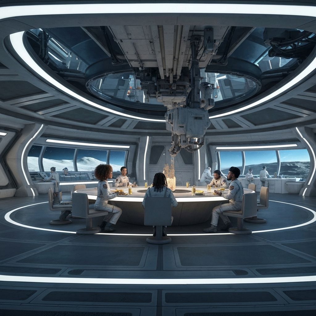 Interior of the SymbioChow Lunar Chow Hall with astronauts dining