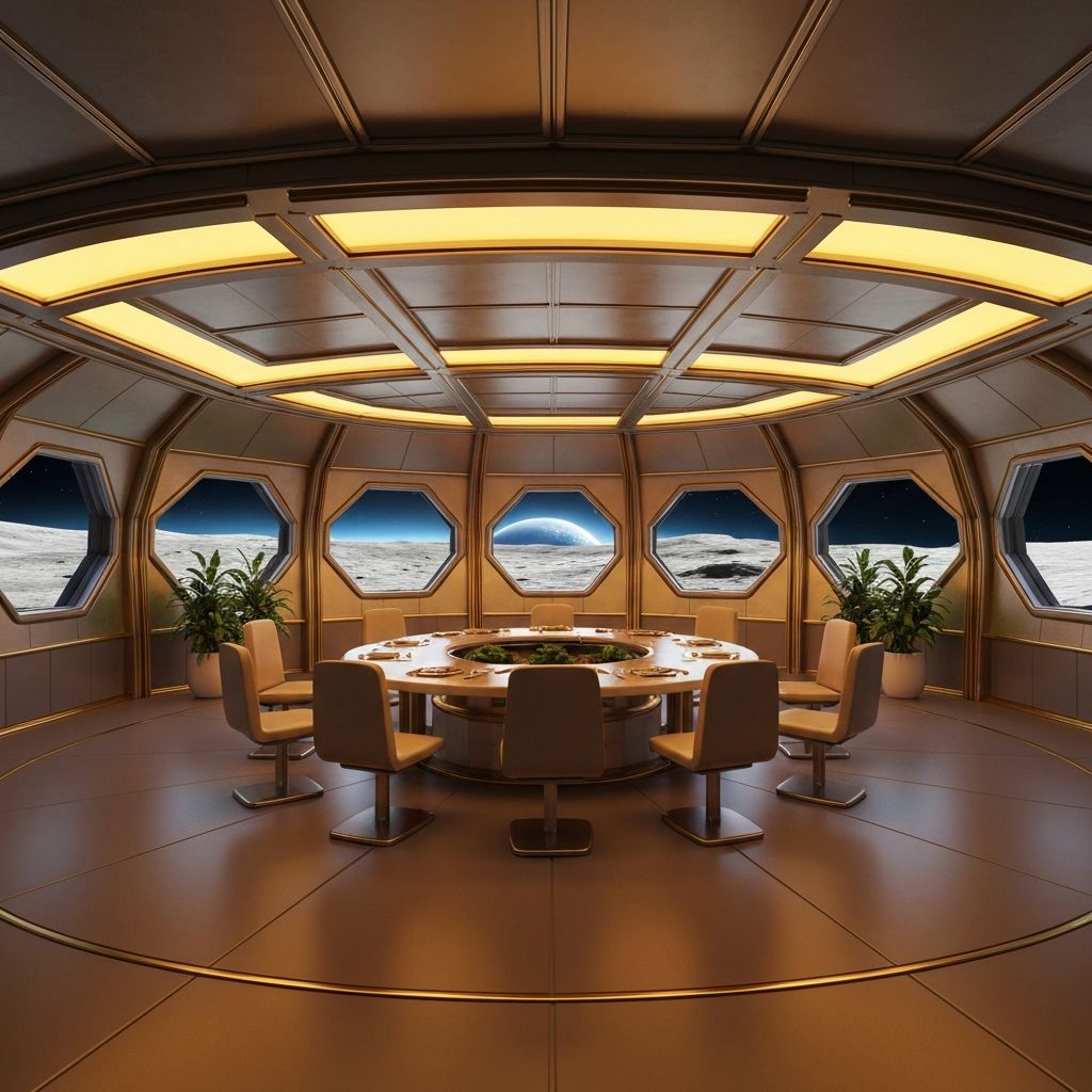 TerraDome interior with circular communal dining table and panoramic lunar views